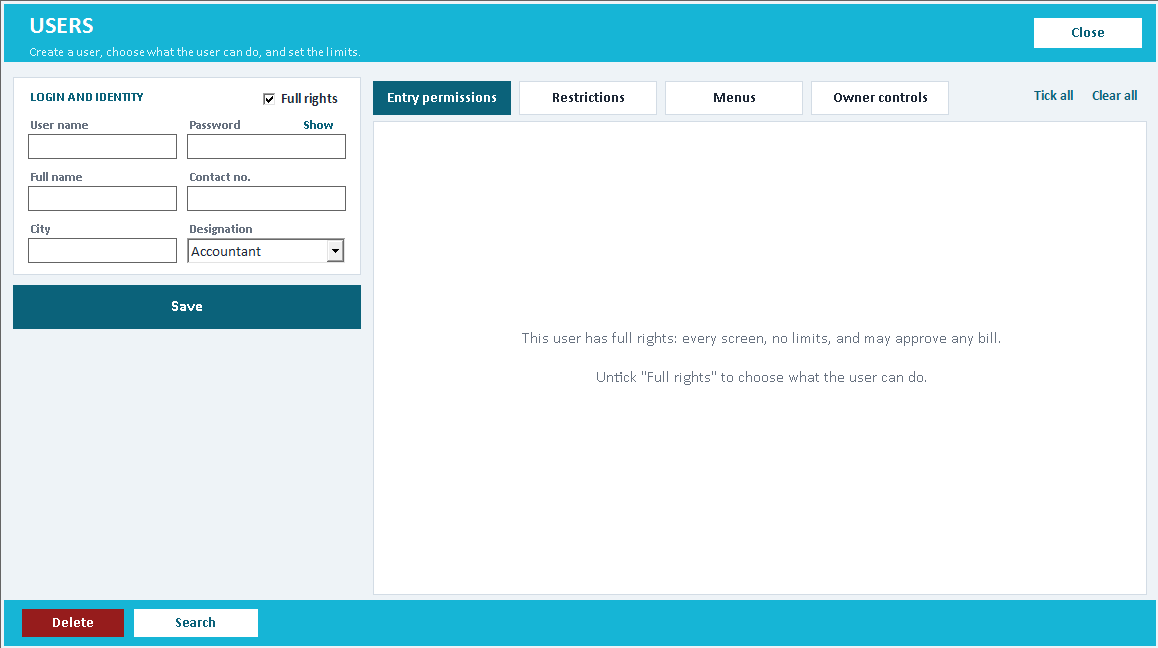 Users screen: login and identity on the left, and the Entry permissions, Restrictions, Menus and Owner controls tabs on the right.