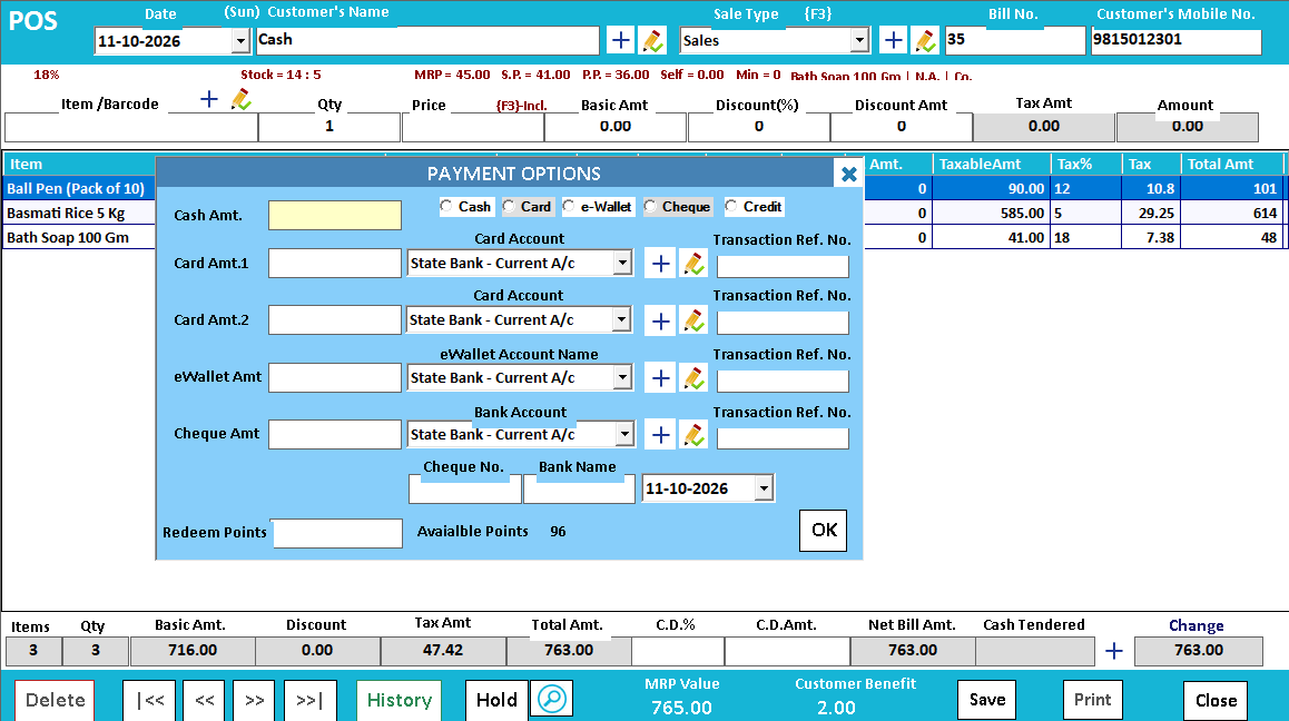 The POS screen with the customer's mobile number filled and the Payment Options box open: Redeem Points on the left and the Available Points beside it.