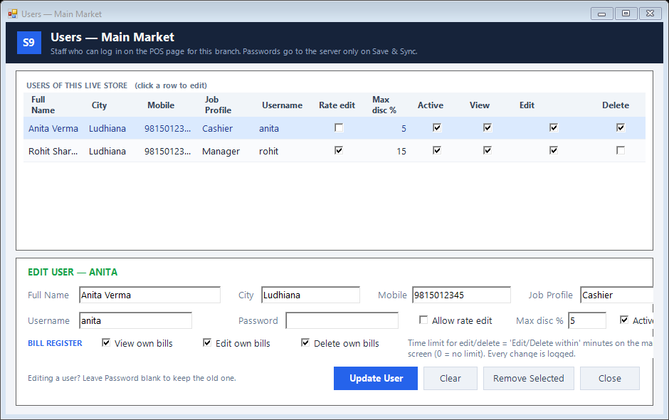 Web POS users with rate-edit permission, maximum discount and own-bill rights.