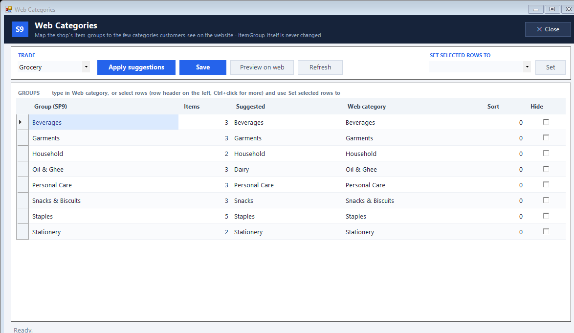 Web Categories after Apply suggestions: each item group mapped to the category customers see.