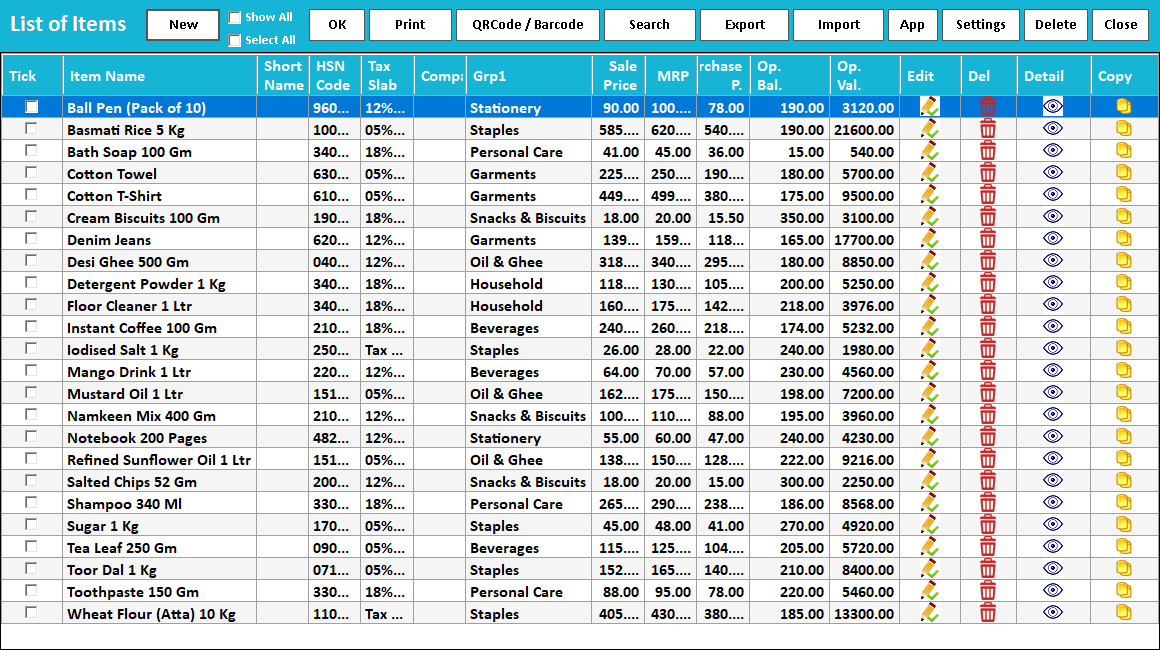 List of Items with sale price, MRP, purchase price and opening balance per item; New adds an item.