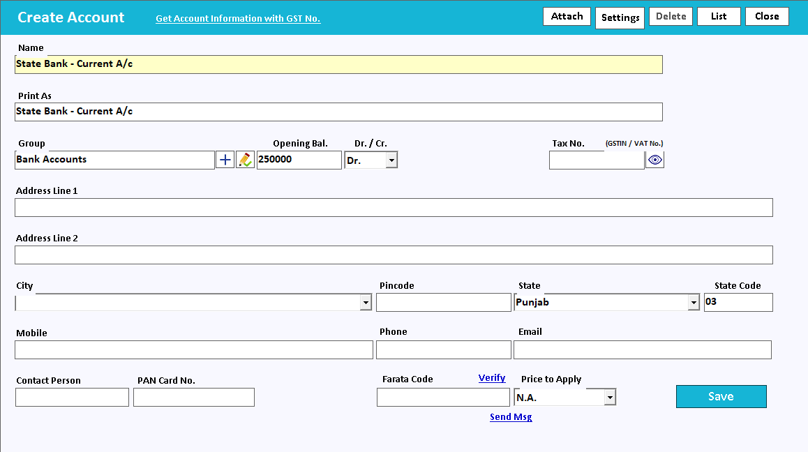 Creating a bank account: Group = Bank Accounts with an opening balance.