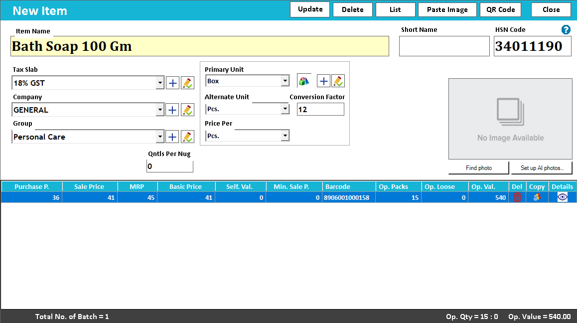 Item Master with an item open: Primary Unit Box, Alternate Unit Pcs. and Conversion Factor 12.