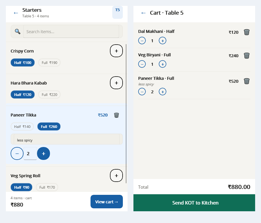 Two phone screens: the items of a category with Half and Full prices, the note "less spicy" and the quantity, and the Cart with three lines, the Total and Send KOT to Kitchen.