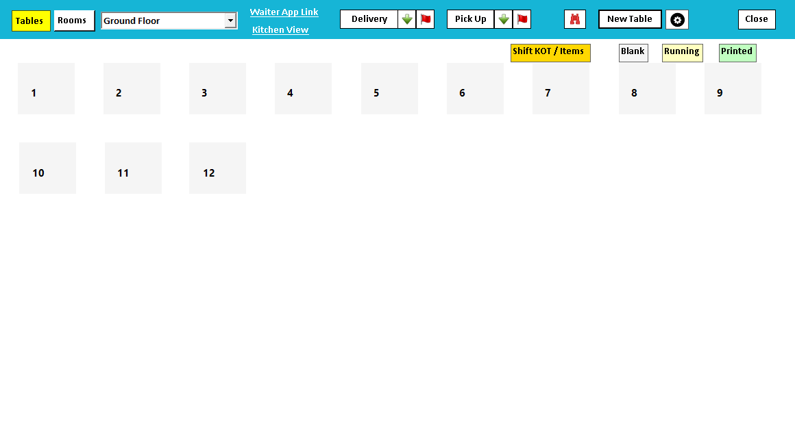 The table view for one floor: a button for every table, and the Blank, Running and Printed status keys.