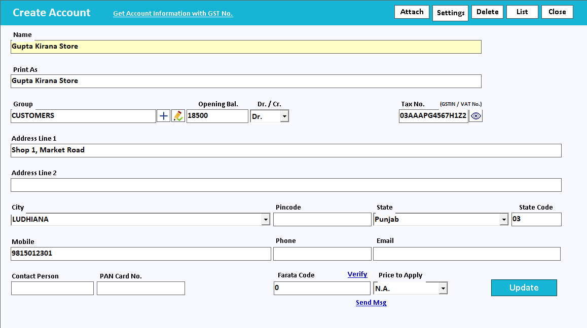 A party account: group, opening balance, GSTIN, address, state code and mobile number filled.