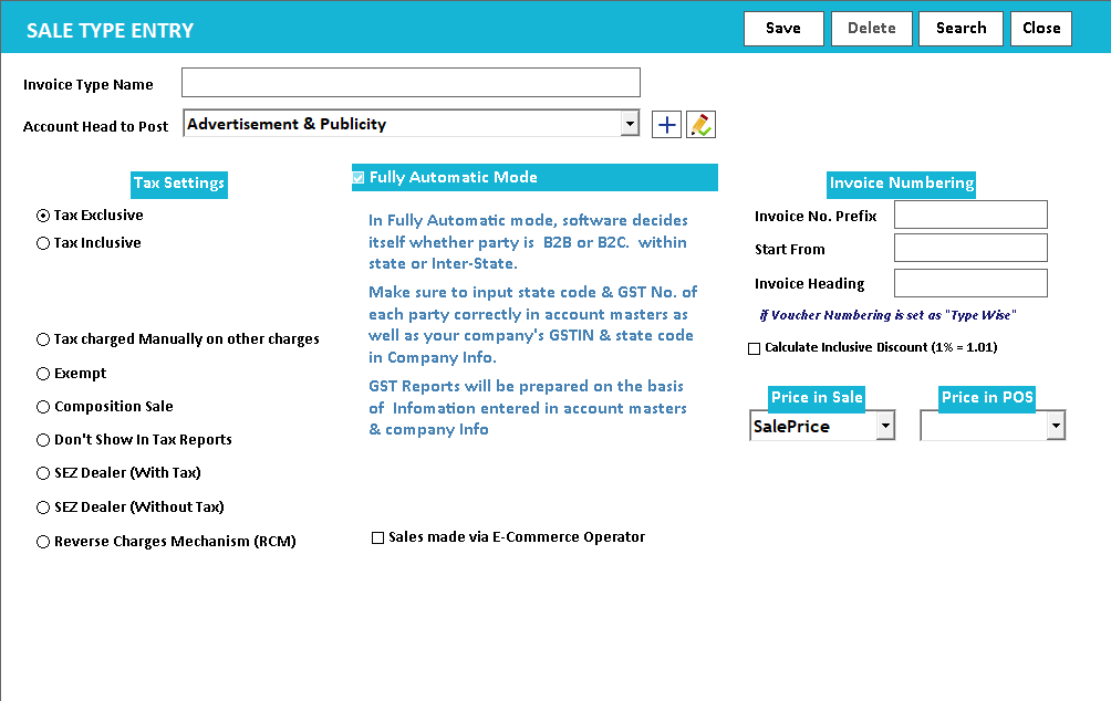 Sale Type Entry: tax settings, invoice numbering, and the price used in Sale and in POS.