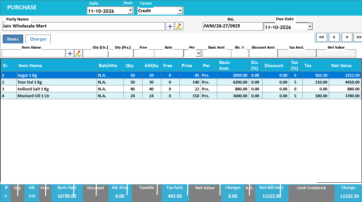 Purchase entry for a supplier with four items and the supplier's own bill number.